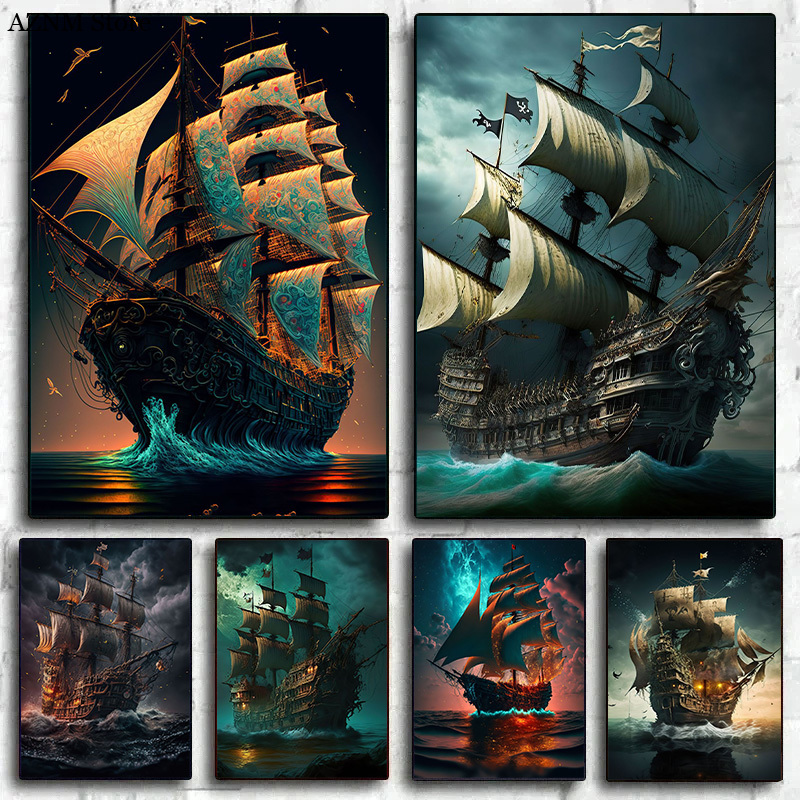 Pet Portrait Custom - Abstract Pirate Ship Sea Moon Night