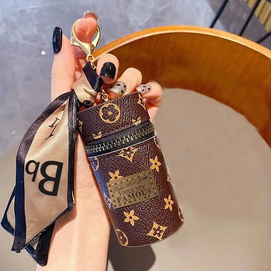 Monogram Keychain Leather - Vintage Brown Floral Monogram Cylindrical Lipstick