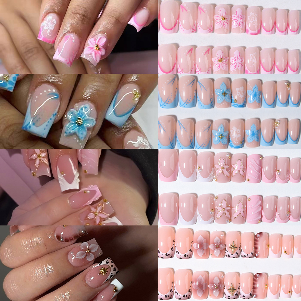 Pressed Flower Art - 96Pcs(4Mixed) Square shape Nails 3d gel