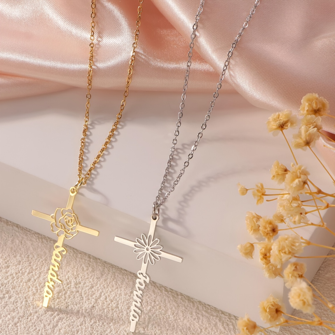 Custom Birth Flower Cross Name - Birth Flower Necklace recensione e prezzo