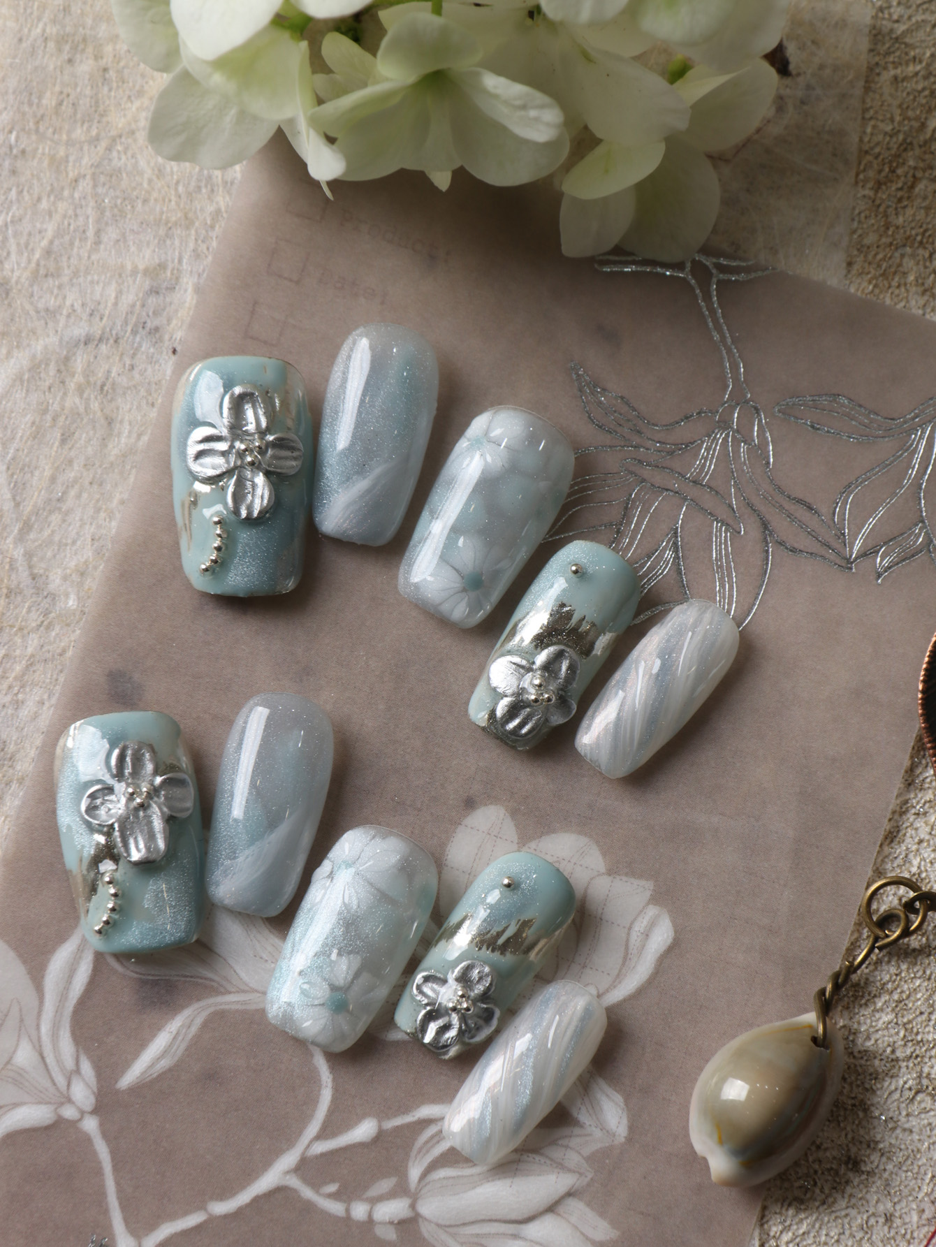10Pcs Press on Nails Blue Whit - Pressed Flower Art recensione e prezzo