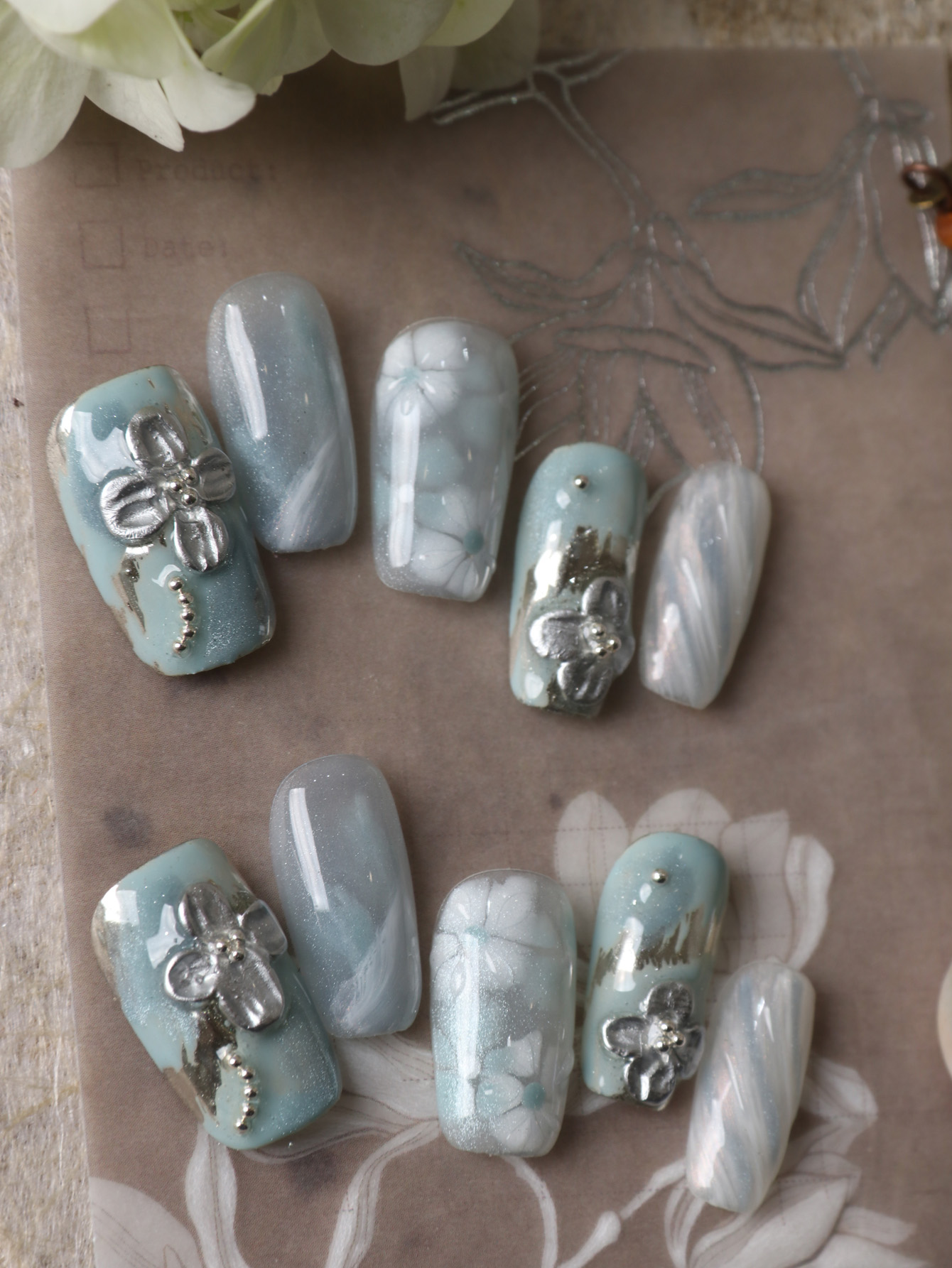 10Pcs Press on Nails Blue Whit - Pressed Flower Art recensione e prezzo